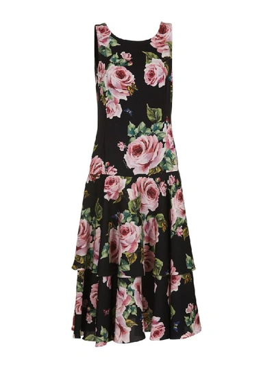 Dolce & Gabbana Sleeveless Tiered Rose-print Dress In Hnhrose Rosa Fdo. Nero