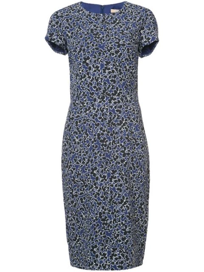 Michael Kors Floral-print Cap-sleeve Stretch-cady Midi Sheath Dress In Blue