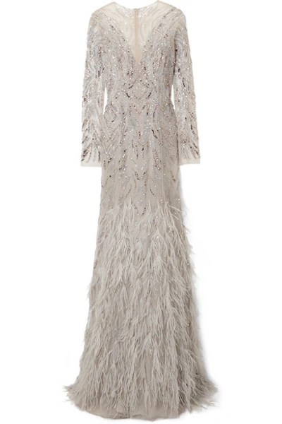 Monique Lhuillier Embellished Long-sleeve Illusion Evening Gown With Feather Skirt In Light Gray