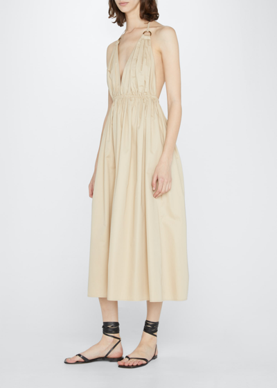 Zeynep Arcay Helen Plunging Halter Cotton Midi Dress In Camel