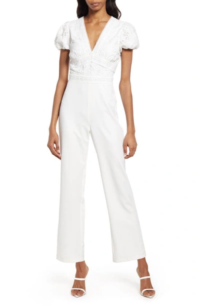 Adelyn Rae Helia Lace Blocked Jumpsuit In White