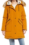 Sam Edelman Hooded Down & Feather Fill Parka With Faux Fur Trim In Golden Yellow