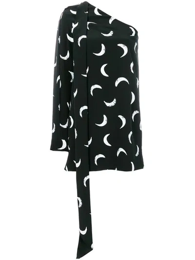 Saint Laurent Tie-neck One-sleeve Moon-print Short Silk Dress In Black