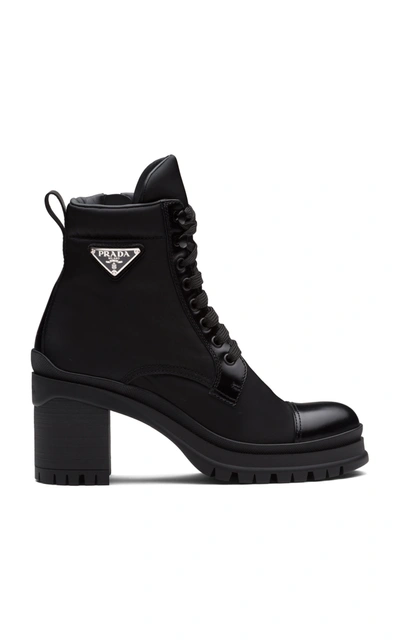 Prada Brushed-leather And Nylon Laced Booties In Black