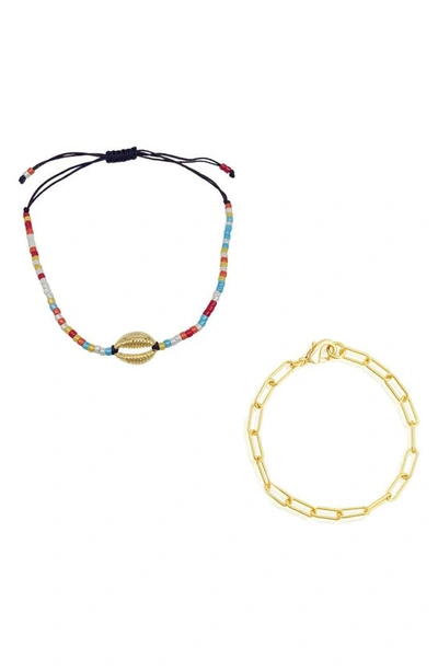 Adornia Cowrie Shell Bolo Bracelet & Paperclp Chain Set In Multi