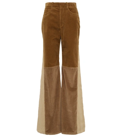 Chloé Hemp And Paper Blend-trimmed Cotton Flared Pants In Brown