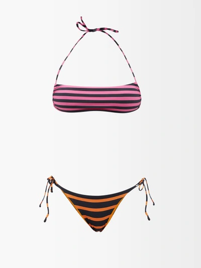 Attico Black/fuchsia/orange Striped Bikini In Orange/black/pink