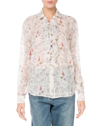 Saint Laurent Ruffled Floral-print Voile Blouse In White Pattern