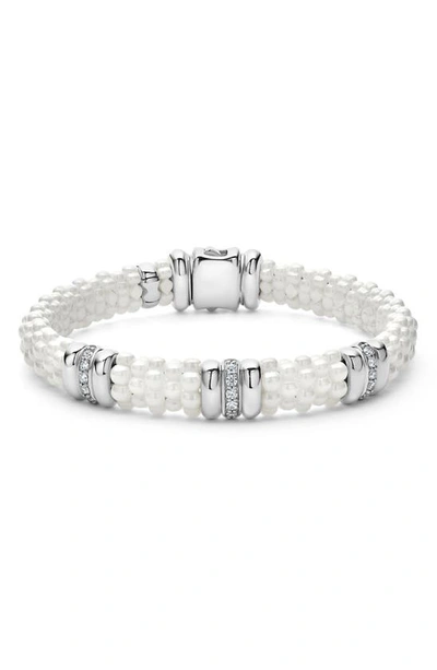 Lagos Sterling Silver And Gold White Caviar White Ceramic 3-station Diamond 1-row Bracelet In White/silver