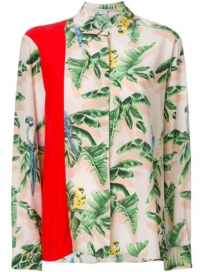 Stella Mccartney Birds Of Paradise Print Long-sleeve Silk Shirt W Solid Stripe In Rose + Red