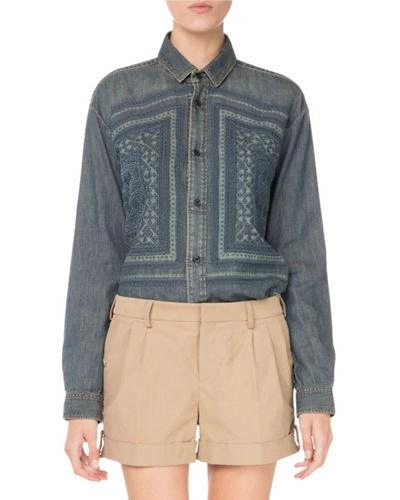 Saint Laurent Button-front Embroidered Cotton Denim Shirt In Blue