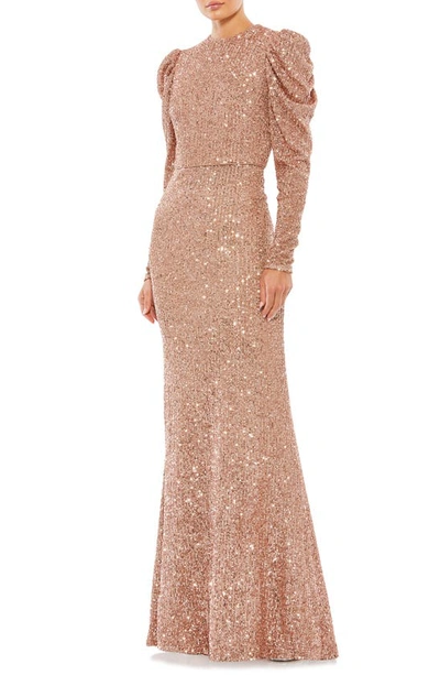 Mac Duggal Sequined Puff-sleeve Sheath Gown In Copper