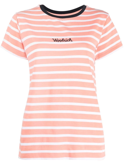 Woolrich Logo-embroidered Striped T-shirt In Pink