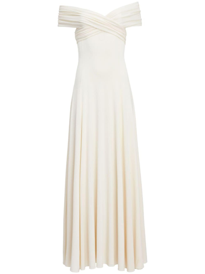 Khaite Marca Off-the-shoulder Pleated Gown In Neutrals