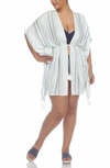 Boho Me Short Front Tie Front Kimono In White/ Jade Stripe