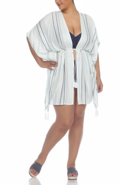 Boho Me Short Front Tie Front Kimono In White/ Jade Stripe