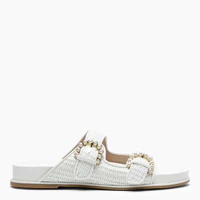 Stuart Weitzman White Sandal Slippers With Pearl Detailing In Beige