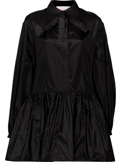 Valentino Tie-neck Gathered Silk-satin Mini Shirt Dress In Black