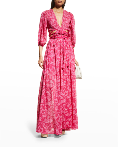 Miguelina Farrah Smocked Open-back Floral-print Cotton-voile Maxi Dress In Bougainvillea