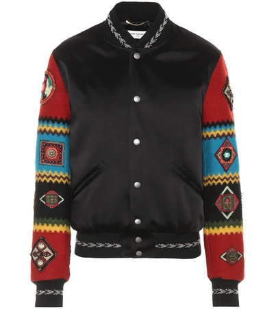 Saint Laurent Snap-front Bomber Jacket With Patch Embroidered Sleeves In Black