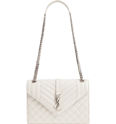 Saint Laurent V Flap Monogram Ysl Medium Envelope Shoulder Bag W/ Silvertone Hardware In Icy White/ Icy White