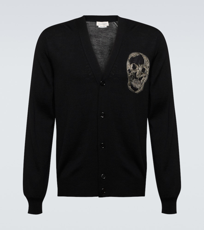 Alexander Mcqueen Long Sleeve Button Down Skull Logo Wool Cardigan In Black