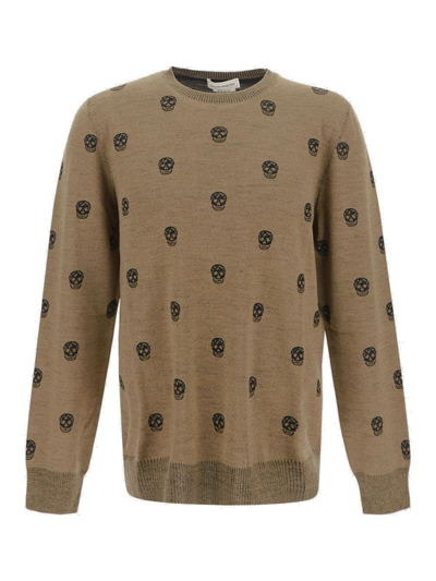 Alexander Mcqueen Skull Jacquard Virgin Wool Sweater In Brown