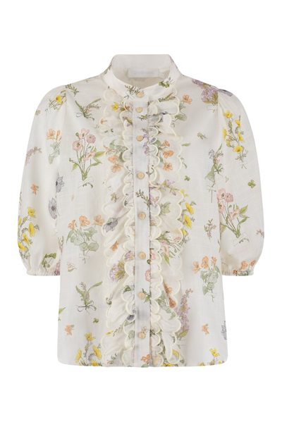 Zimmermann Jeannie Floral Button-front Scalloped Puffed-sleeve Blouse In White
