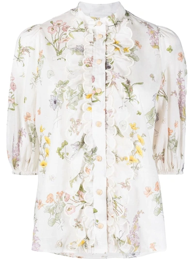 Zimmermann Jeannie Floral Button-front Scalloped Puffed-sleeve Blouse In Bianco
