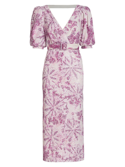 Badgley Mischka Sequined Puff-sleeve Belted Midi-dress In Rose Multi |  ModeSens