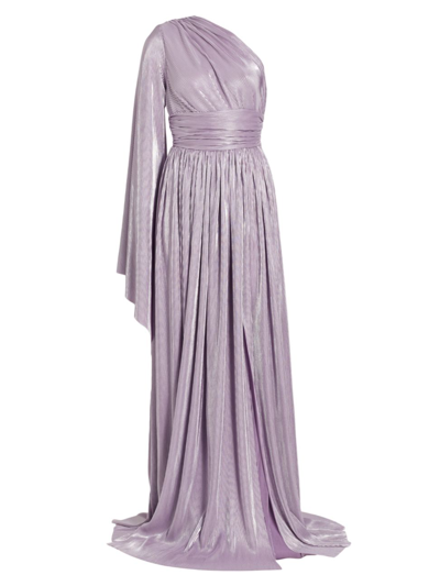 Bronx And Banco Florence Pleated Metallic One-shoulder Gown In Metallic Lilac