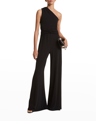 Michael Kors One-shoulder Knot-front Palazzo Jumpsuit In Black