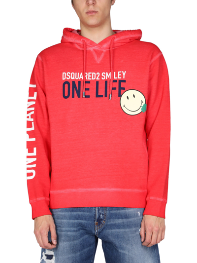 Dsquared2 Smiley Printed Organic Cotton Hoodie In Red