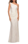 La Femme Sequin One-shoulder Gown In White