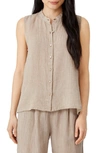 Eileen Fisher Gingham Organic Linen Sleeveless Shirt In Peble