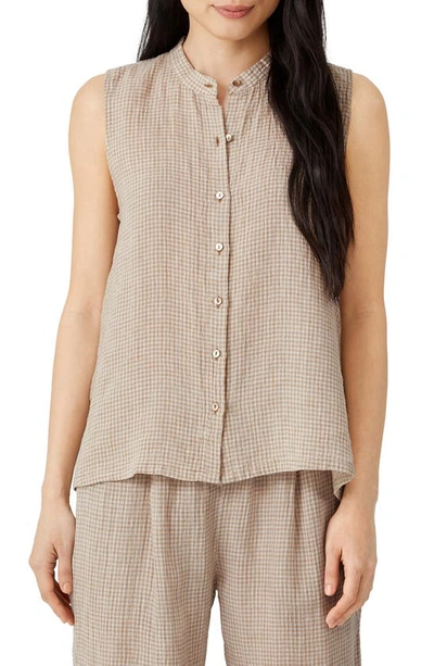 Eileen Fisher Gingham Organic Linen Sleeveless Shirt In Peble