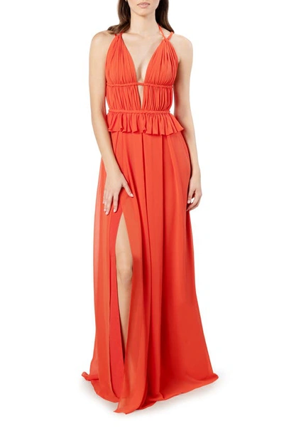 Dress The Population Athena Pleated Peplum Cutout Gown In Red