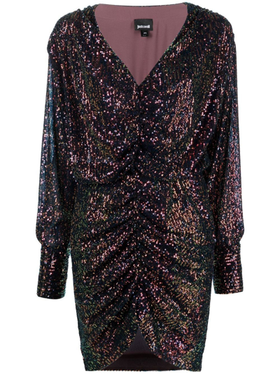 Just Cavalli Sequined Front-ruched Long-sleeve Mini Dress In Blue