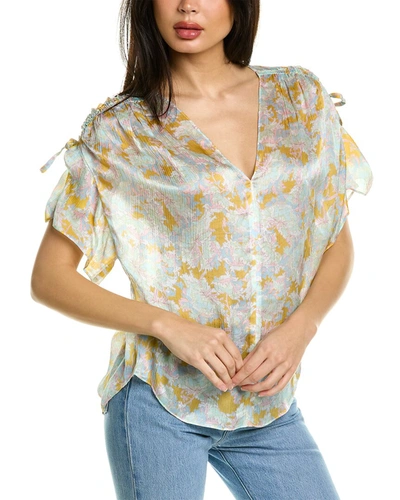 Vince Lotus Ruched Short-sleeve Silk Blouse In Multi-colour