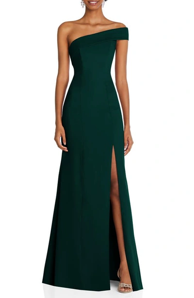 After Six Asymmetrical Off-the-shoulder Cuff Trumpet Gown With Front Slit In Green