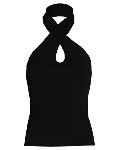 Enza Costa Puckered Knit Twist Halter Top In Black