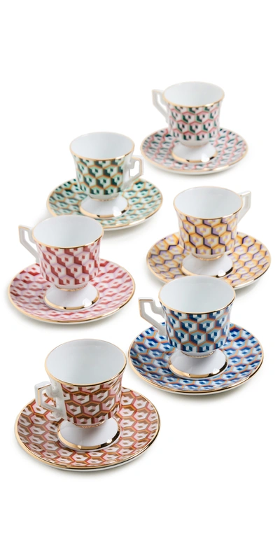 La Doublej Set Of Six Gold-plated Porcelain Espresso Cups And Saucers In Cubi Mix