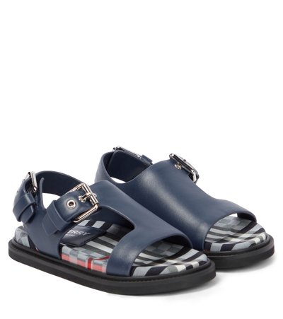 Burberry Kids Leather House Check Sandals In Midnight Blue
