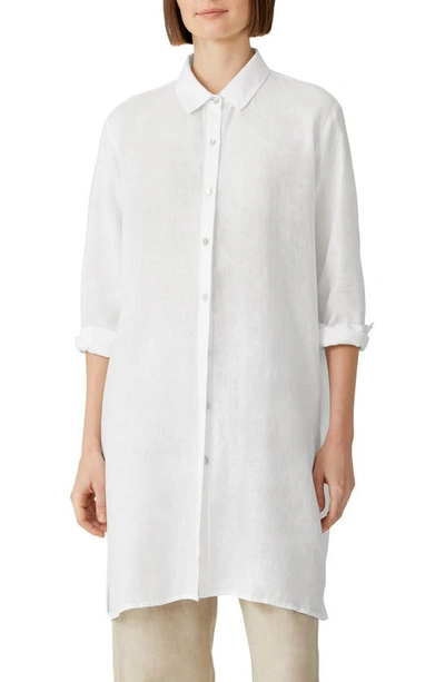 Eileen Fisher Classic Collar Longline Organic Linen Shirt In White
