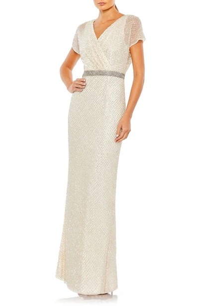 Mac Duggal Beaded Butterfly Sleeve Column Gown In Nude Silver
