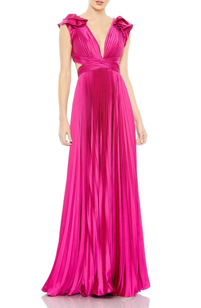 Ieena For Mac Duggal Plunge Neck Pleated A-line Gown In Fuchsia