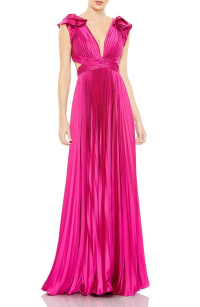 Mac Duggal Plunge Neck Pleated A-line Gown In Fuchsia