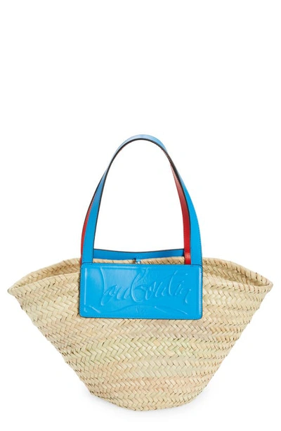 Christian Louboutin Loubishore Woven Straw And Embossed Leather Tote In Gnawed Blue