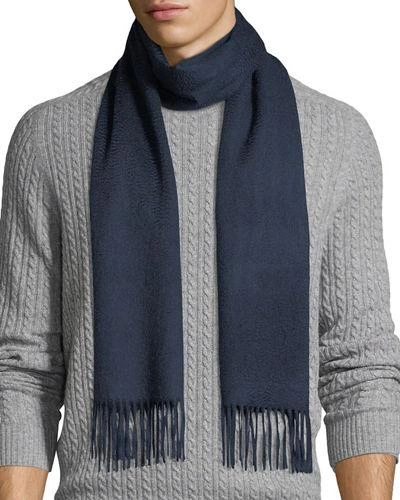 Neiman Marcus Cashmere Solid Fringe Scarf In Navy