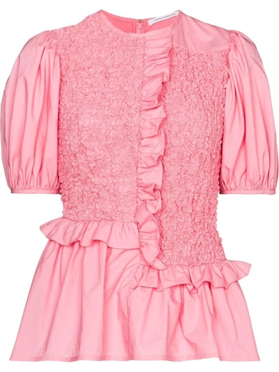 Cecilie Bahnsen Carrie Smocked Cotton-blend Poplin Blouse In Pink